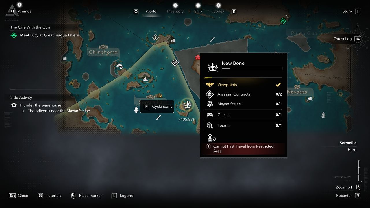Black Flag Mayan stones: A map showing the location of a Mayan stone/stele on New Bone, Serranilla.