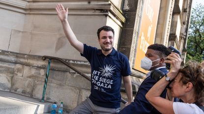 Palestinian activist and former Columbia University student Mahmoud Khalil, who was released from ICE detention, speaks during a rally on the steps of the Cathedral of St. John the Divine on June 22, 2025 in New York City. 