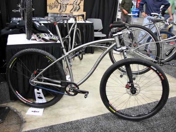 Black Sheep has on display this curvaceous full-suspension titanium machine, complete with a Cannondale Lefty fork.