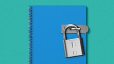 Illustration of a school notebook locked with a padlock in the style of a lateral flow Covid test
