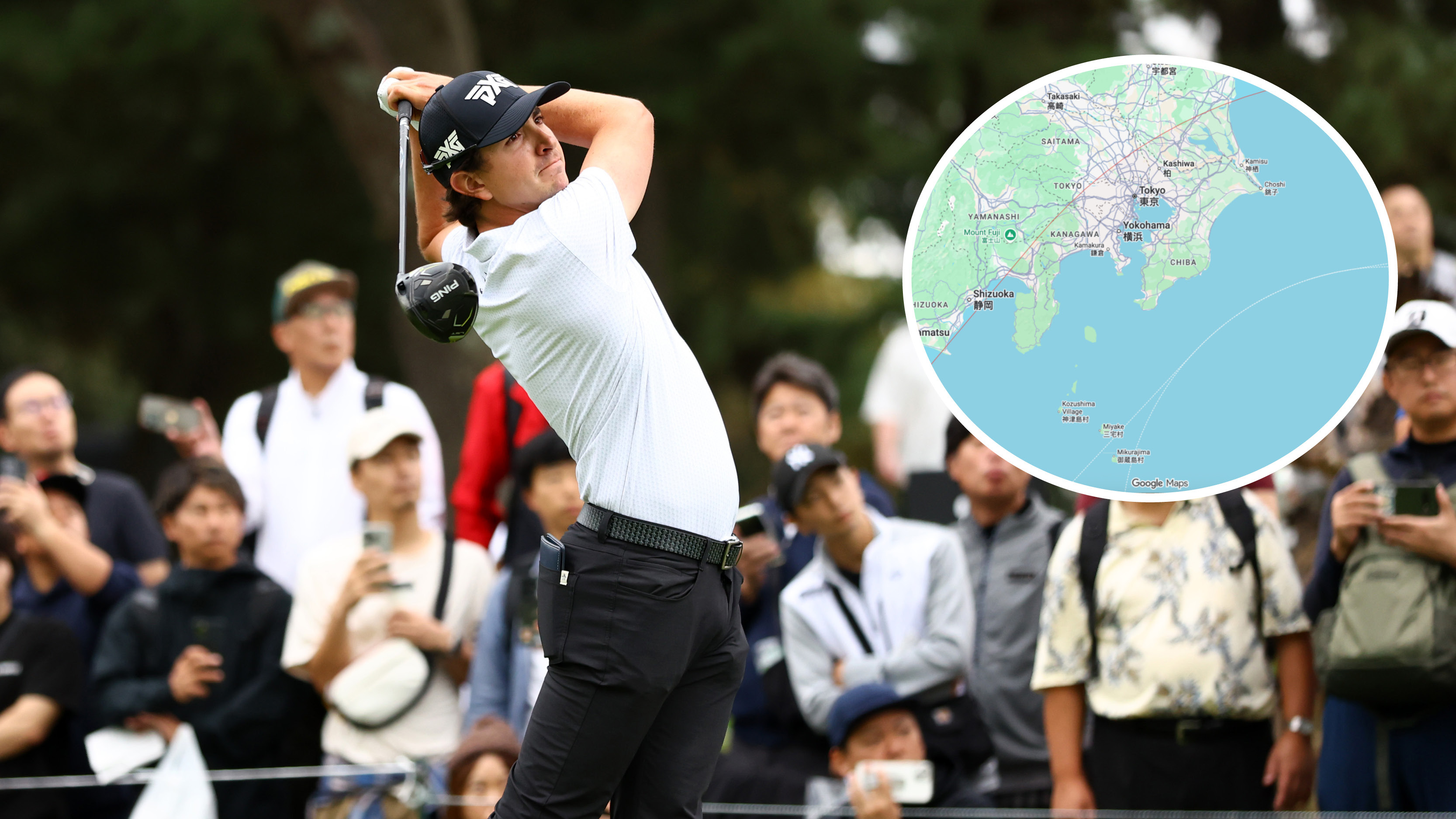 Main photo of Nico Echavarria hitting a driver with inset screenshot of Typhoon Halong&#039;s path along the south side of Japan