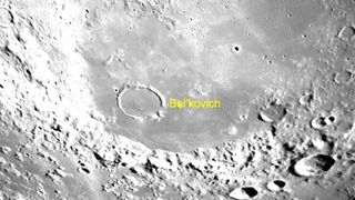 moon's surface with a crater, Belkovich, circled and labeled