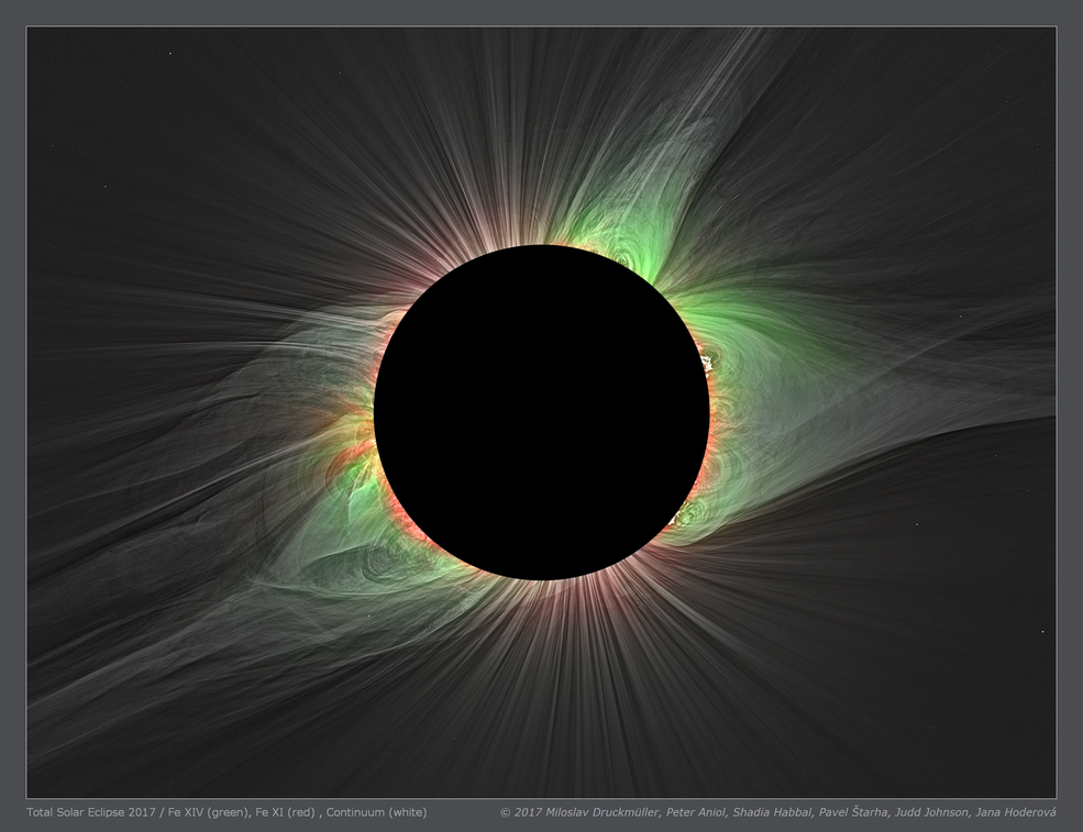 Special filters enabled a team of scientists, led by solar researcher Shaddia Habbal, to measure different temperatures in the sun&#039;s corona during total solar eclipses. The red colors show charged particles at 1.8 million degrees Fahrenheit (999,982 degrees Celsius), and the green colors show particles at double that temperature, 3.6 million degrees F (1,999,982 degrees C). 