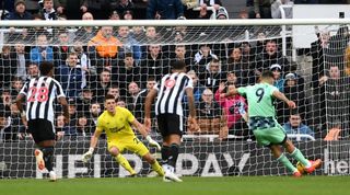 Fulham's Aleksandar Mitrovic scores a penalty against Newcastle, but his effort is ruled out after he touched the ball twice.