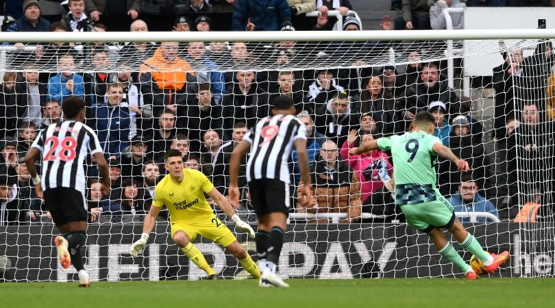 Fulham&#039;s Aleksandar Mitrovic scores a penalty against Newcastle, but his effort is ruled out after he touched the ball twice.