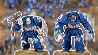 Two Assault Terminators with white outlines against a blurred background displaying a host of blue models