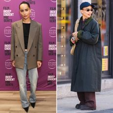A collage of zoe kravitz wearing chic fall outfits.