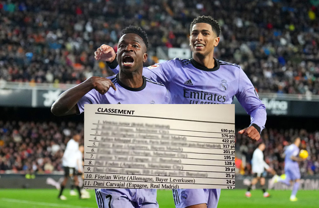 VALENCIA, SPAIN - MARCH 02: Ballon d&#039;Or Vinicius Junior of Real Madrid celebrates scoring his team&#039;s second goal with teammate Jude Bellingham during the LaLiga EA Sports match between Valencia CF and Real Madrid CF at Estadio Mestalla on March 02, 2024 in Valencia, Spain. (Photo by Aitor Alcalde/Getty Images)