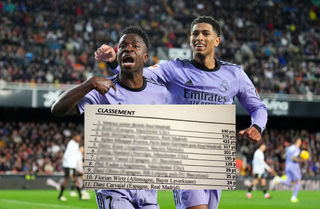 VALENCIA, SPAIN - MARCH 02: Vinicius Junior of Real Madrid celebrates scoring his team's second goal with teammate Jude Bellingham during the LaLiga EA Sports match between Valencia CF and Real Madrid CF at Estadio Mestalla on March 02, 2024 in Valencia, Spain. (Photo by Aitor Alcalde/Getty Images)