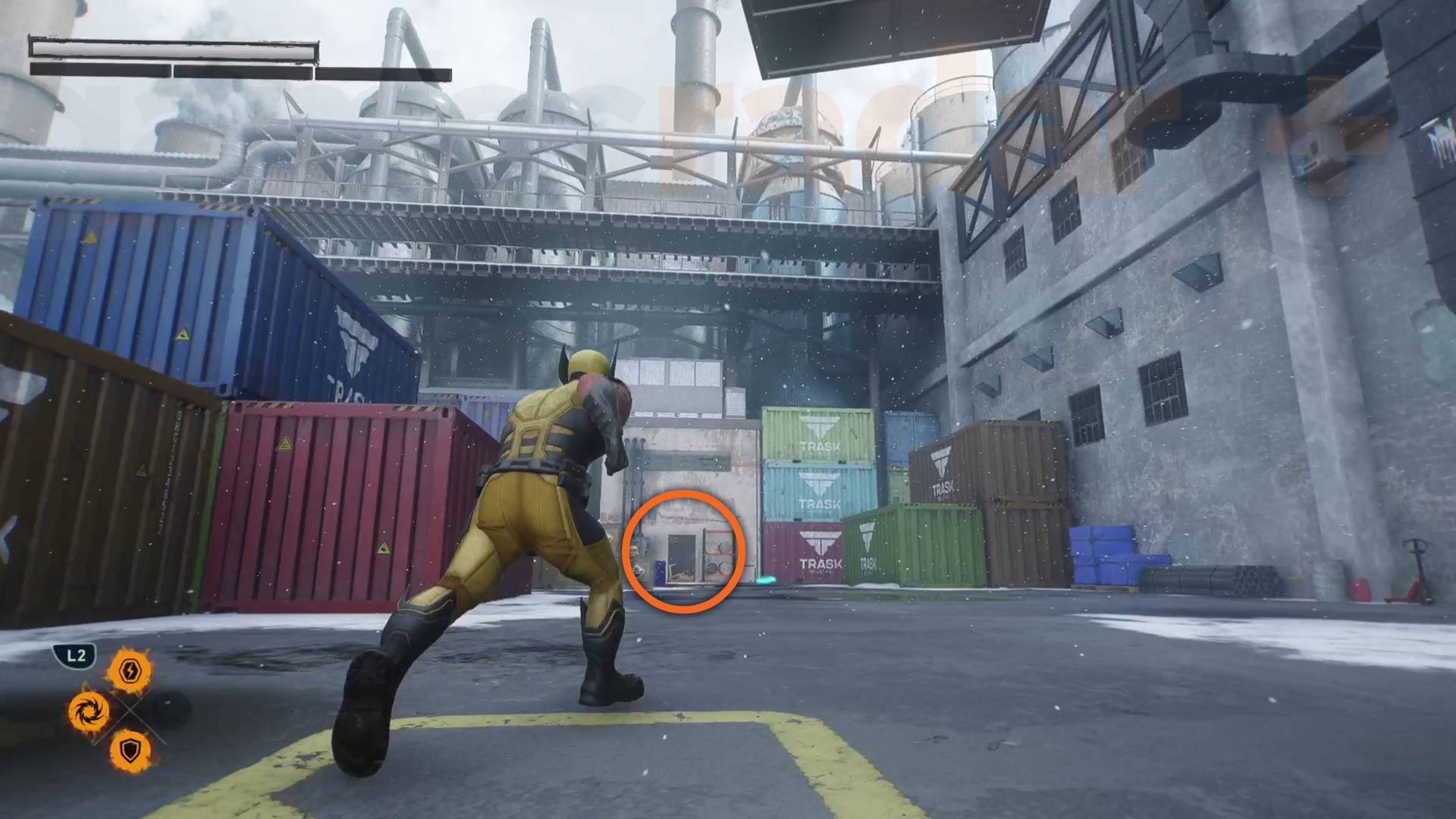 Marvel's Wolverine industrial courtyard breakroom containing whiskey bottle marked in Raise Some Hell