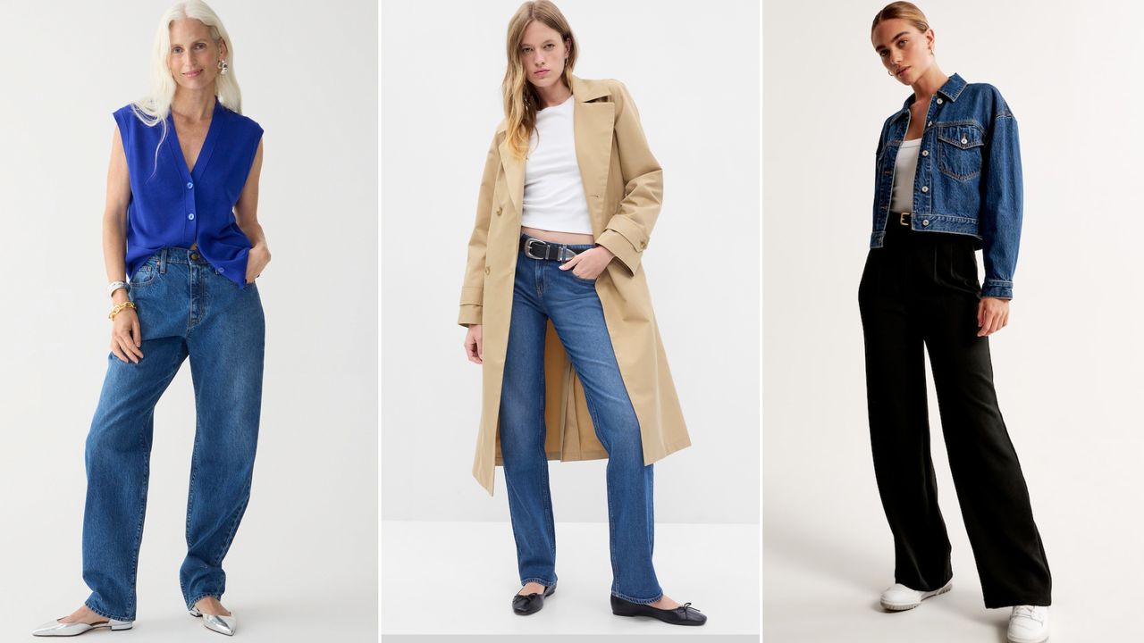 Split images of models in J.Crew slouchy jeans, Gap icon trench coat, and Abercrombie drapey denim jacket 