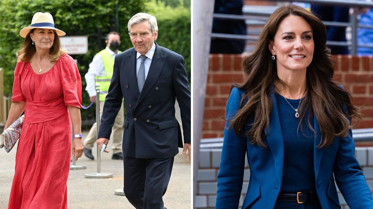 Composite of Michael and Carole Middleton at Wimbledon in 2021 and Kate Middleton at the opening of Evelina London&#039;s new children&#039;s day surgery unit in 2023