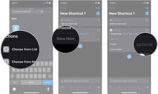 Share links to a specific shortcuts, showing how to tap Choose From List, tap Show More, then add a prompt