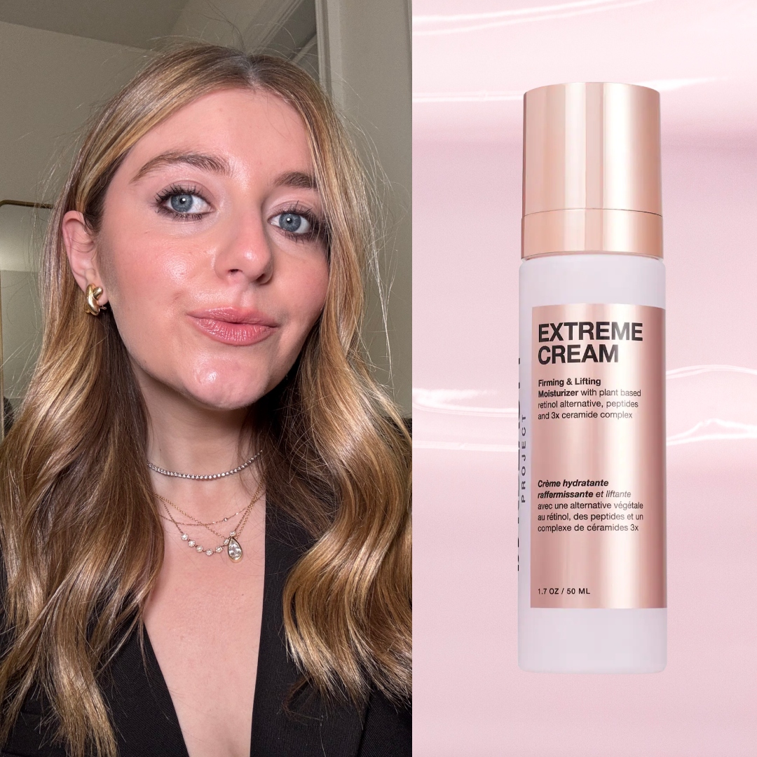 samantha holender on a pink background next to two products on sale at sephora