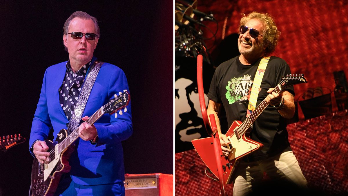 Joe Bonamassa [left] plays his Epiphone 1955 Les Paul Standard and wears a bright blue suit and polka-dot; Sammy Hagar [right] wears shades, a black Cabo Wabo T-shirt and plays his red Gibson Explorer with white pickguard.