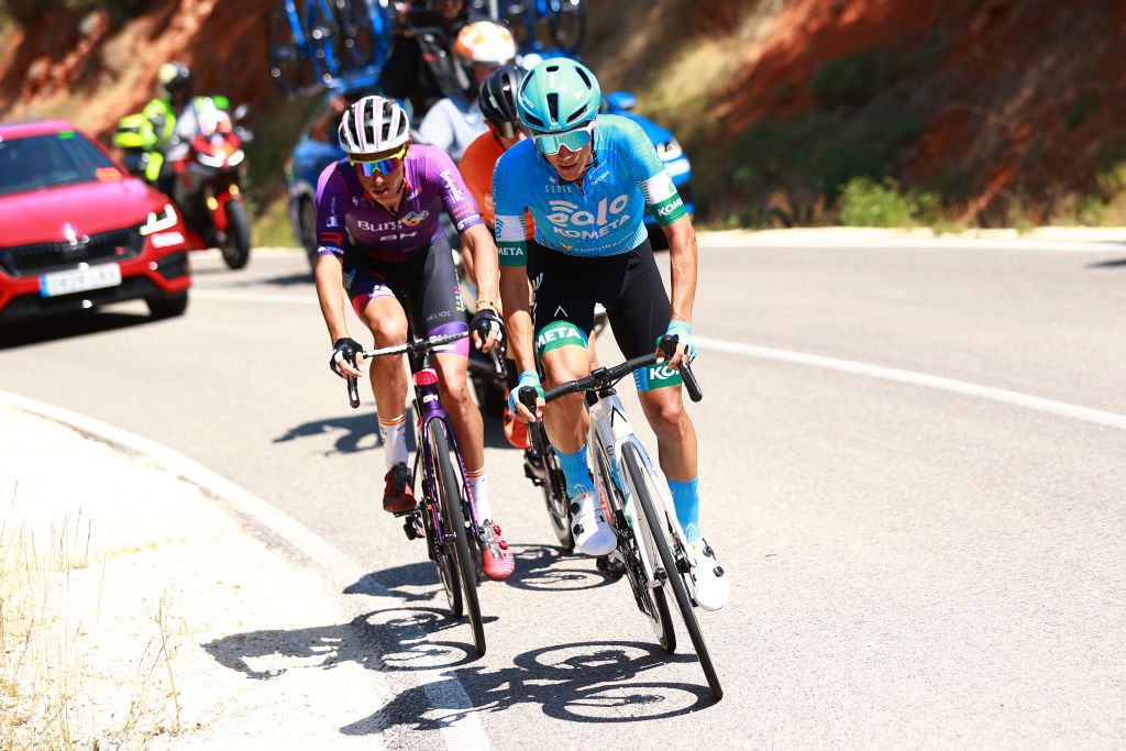 BURGOS SPAIN AUGUST 02 LR Jess Ezquerra Muela of Spain and Team Burgos BH and Diego Pablo Sevilla of Spain and EoloKometa Cycling Team compete in the breakaway during the 44th Vuelta a Burgos 2022 Stage 1 a 157km stage from Catedral de Burgos to Mirador del Castillo Burgos VueltaBurgos on August 02 2022 in Burgos Spain Photo by Gonzalo Arroyo MorenoGetty Images
