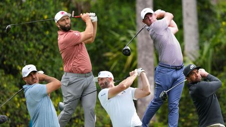 Jon Rahm, Rory McIlroy, Brooks Koepka, Dustin Johnson and Tony Finau in the finish position after hitting driver