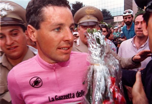 Stephen Roche in the pink winner's jersey at the 1987 Giro d'Italia