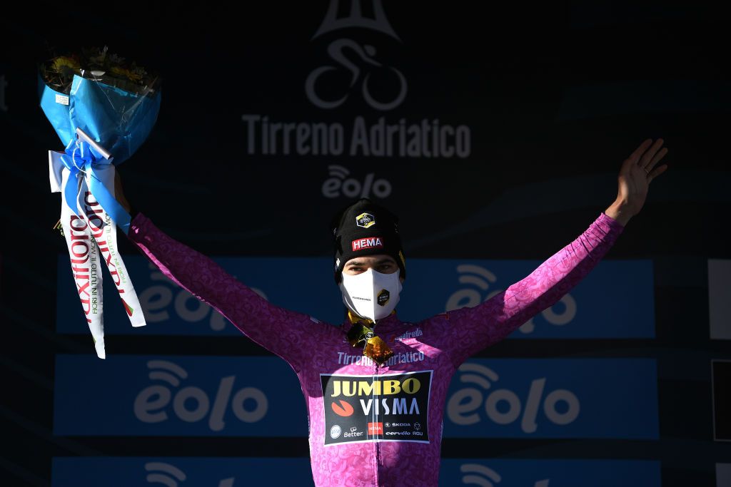 PRATI DI TIVO ITALY MARCH 13 Podium Wout Van Aert of Belgium and Team Jumbo Visma Purple Sprint Jersey Celebration during the 56th TirrenoAdriatico 2021 Stage 4 a 148km stage from Terni to Prati di Tivo 1450m Mask Covid Safety Measures TirrenoAdriatico on March 13 2021 in Prati di Tivo Italy Photo by Tim de WaeleGetty Images