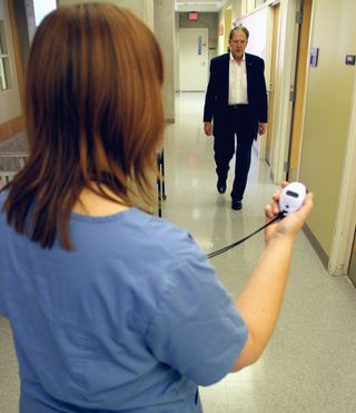 Richard Jacob undergoes a six-minute walk test with a nurse at The Ohio State University Wexner Medical Center. Jacob was the first patient in the United States to test an experimental device designed to help heart-failure patients. A new study shows the device, known as C-Pulse, increased stamina in heart failure patients, boosted their quality-of-life scores and significantly reduced their symptoms.
