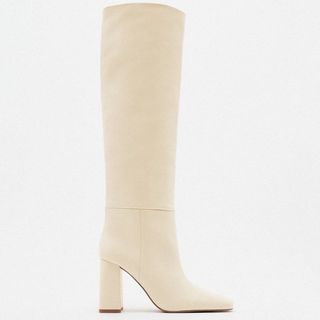 white knee high boots, block heel