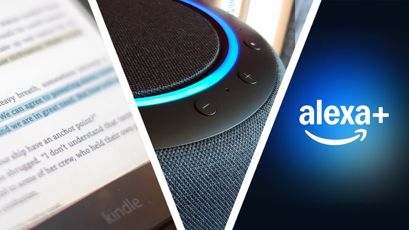 Close-up of Kindle e-reader, Amazon Echo Studio speaker, and Alexa+ logo