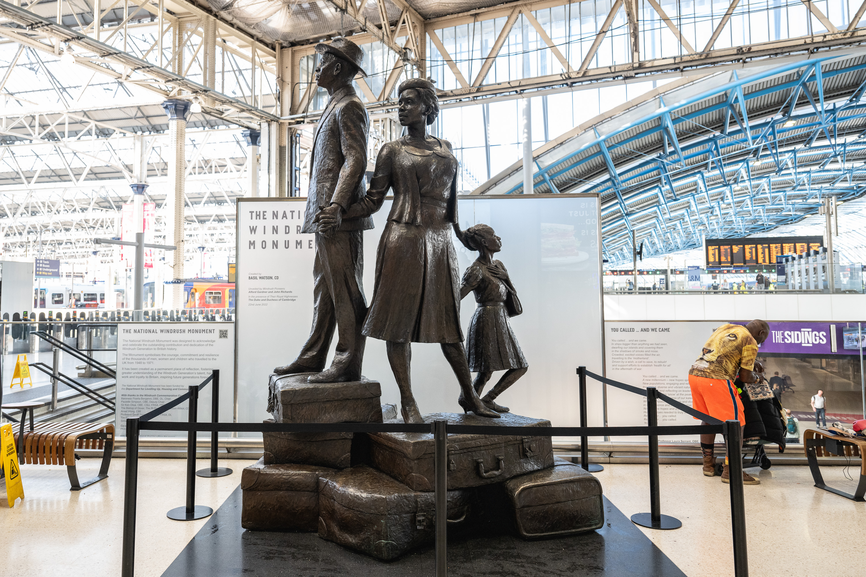 The National Windrush memorial at Waterloo station which was commissioned by the Department for Levelling Up Housing and Communities and created by artist Basil Watson at Waterloo Station,