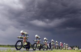 The Liquigas-Doimo team raced under threatening skies, that dumped rain much of the day.
