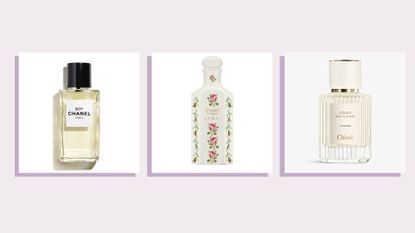 Collage of three of the best lavender perfumes from CHANEL, Gucci and Chloe