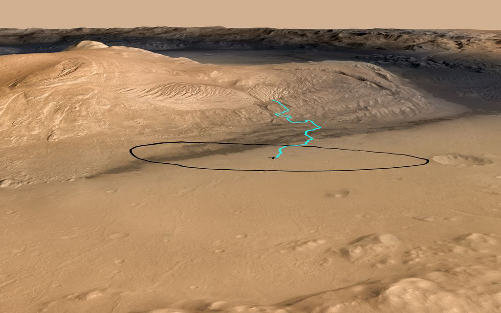 This NASA graphic released before the Mars rover Curiosity&#039;s Aug. 5, 2012, landing shows one possible route up Mount Sharp in Gale crater.