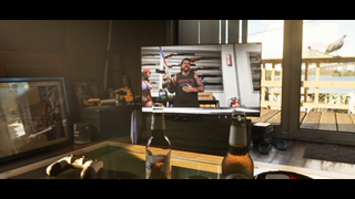 A screenshot from the GTA 6 second trailer, showing a gun advertisement on screen, and two beer bottles on a table