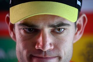 The new leader of the general ranking, Team Visma's Wout van Aert, is pictured after finishing in second place in the stage 2 of La Vuelta a Espana cycling tour, a 194 km race between Cascais and Ourem, on August 18, 2024. (Photo by MIGUEL RIOPA / AFP)