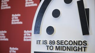 A photo of the doomsday clock with its hands near midnight and the text "It is 89 seconds to midnight"