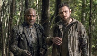 seth gilliam's father gabriel and ross marquand's aaron full of mud in the walking dead season 10