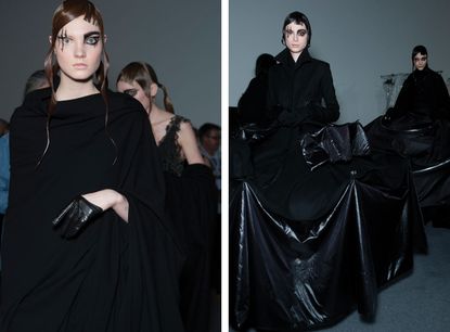 4 models wearing black draped dresses