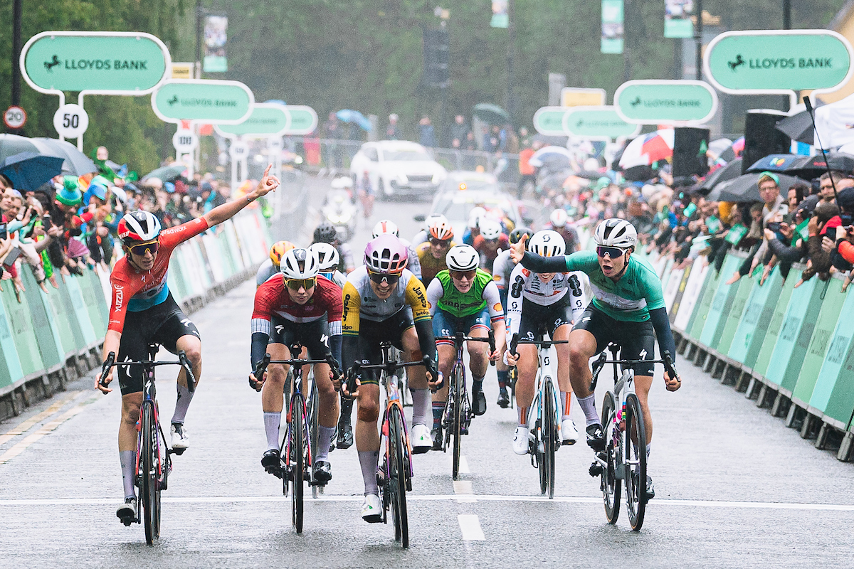 Picture by Alex WhiteheadSWpixcom 09062024 Cycling UCI Womens World Tour Lloyds Bank Tour of Britain Women Stage 4 National Cycling Centre to Leigh Greater Manchester England Christine Majerus of Team SD WorxProtime celebrates as teammate Lotte Kopecky reacts but Ruby RosemanGannon of LivAlUlaJayco wins Stage 4 of the 2024 Lloyds Bank Womens Tour of Britain in Leigh