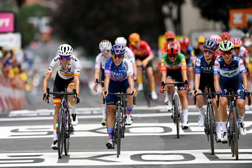 CLERMONTFERRAND FRANCE JULY 23 LR Mavi Garca of Spain and Team Liv Racing TeqFind Tamara DronovaBalabolina of Russia and Team Israel Premier Tech Roland Cecilie Uttrup Ludwig of Denmark and Team FDJ SUEZ and Ashleigh Moolman of South Africa and Team AG Insurance Soudal QuickStep cross the finish line during the 2nd Tour de France Femmes 2023 Stage 1a 1234km stage from ClermontFerrand to ClermontFerrand UCIWWT on July 23 2023 in ClermontFerrand France Photo by Tim de WaeleGetty Images