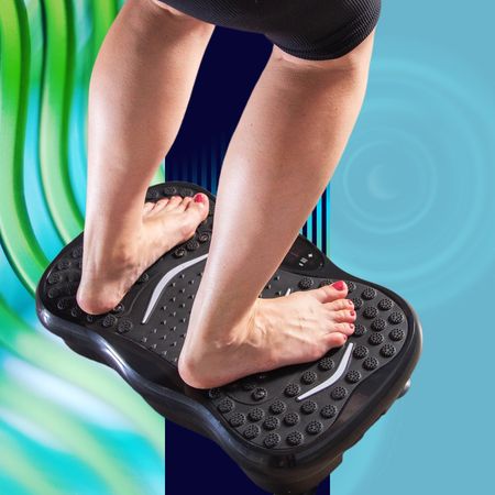 vibration waves in blue and green with a girl standing on a vibration plate