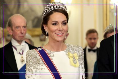 Catherine, Princess of Wales wears a white bridal style Jenny Packham gown during the State Banquet at Buckingham Palace on November 22, 2022 in London, England.