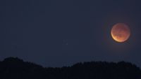 A orange glowing moon is seen against a dark blue night sky in the right side of the image with a silhouetted forested hillside below.