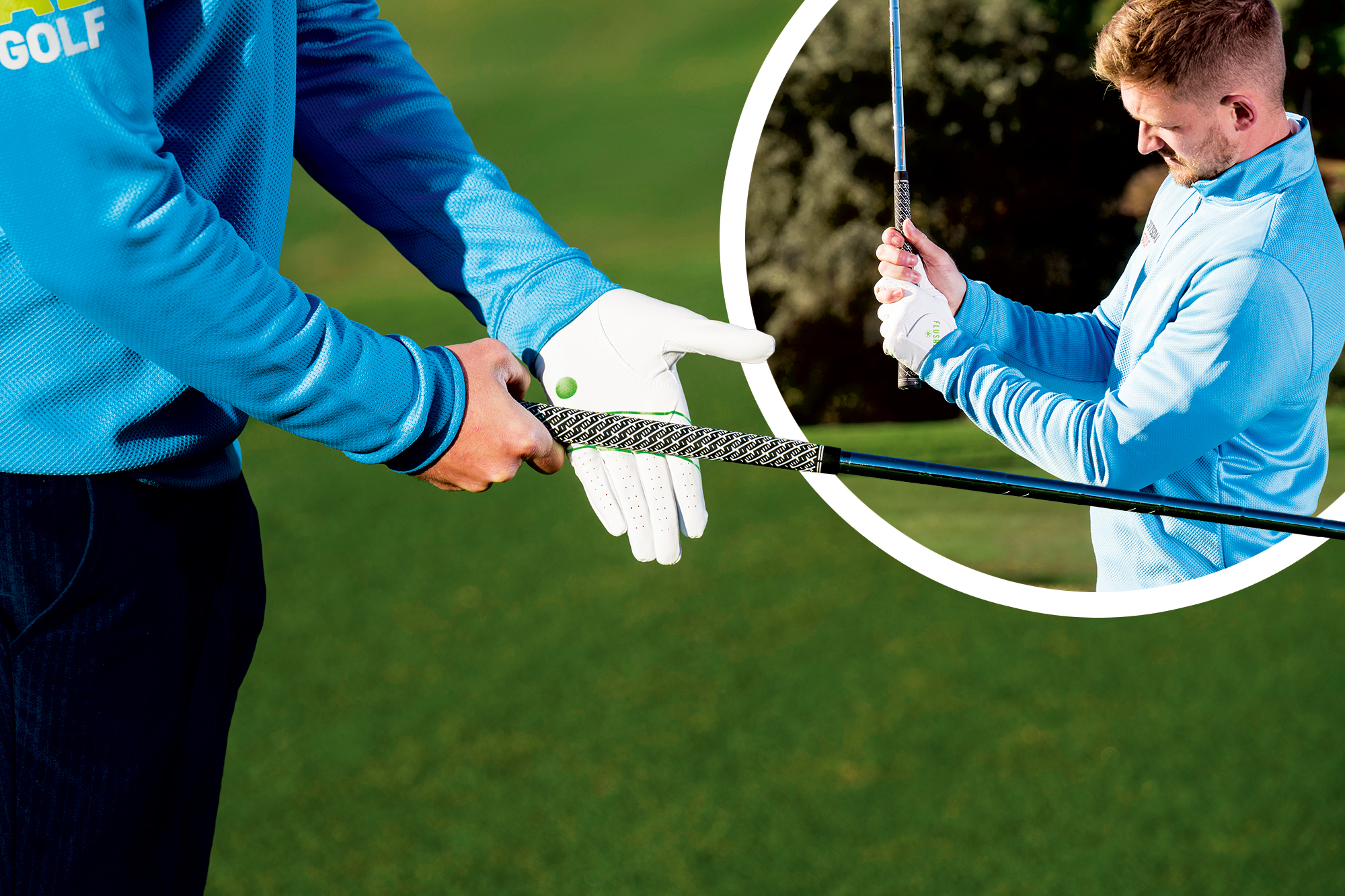 Alex Elliott demonstrating where the club sits in the golf grip, through the fingers indicated by a green line on his golf glove, with an inset image of the interlock of the hands in the golf grip