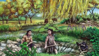 An artist's drawing of Stone Age man and woman digging a pit. 