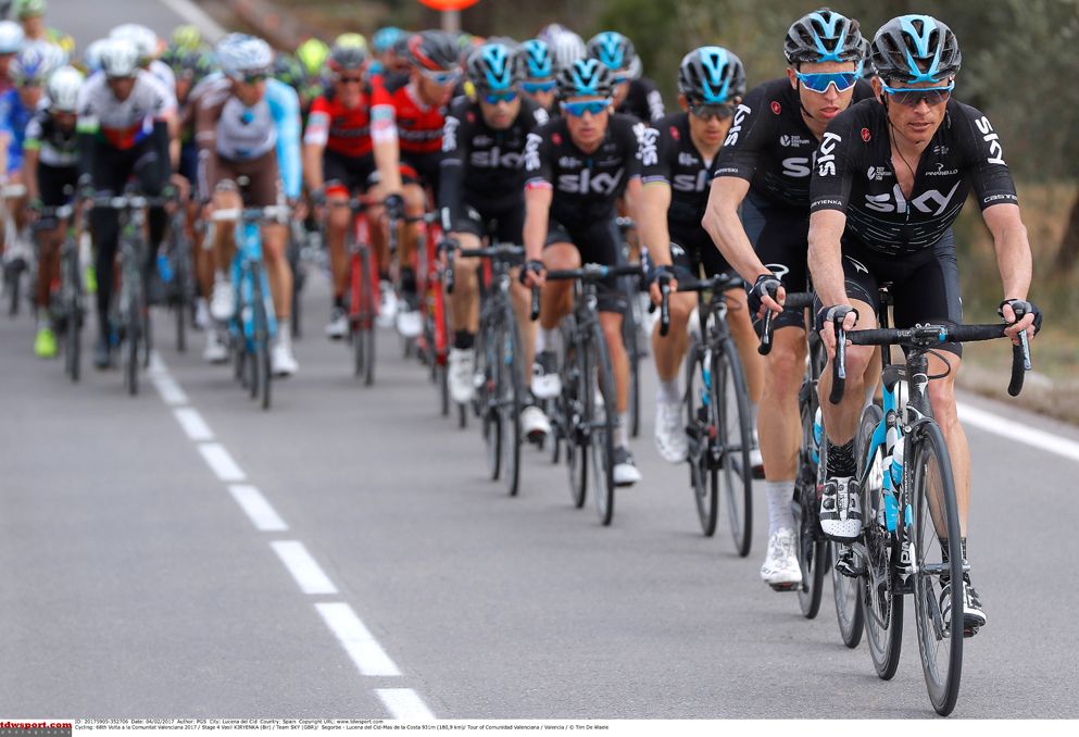 Team Sky line out the peloton before the final climb