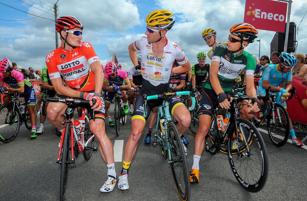 Andre Greipel, Jos van Emden and Jesper Asselman chat on the start line