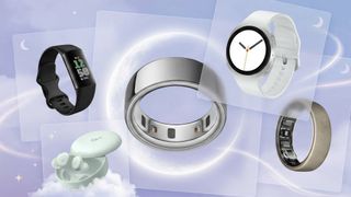 Selection of sleep trackers floating against a dreamy background