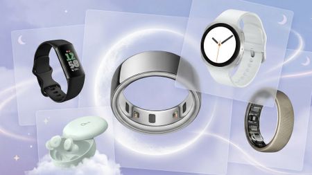 Selection of sleep trackers floating against a dreamy background