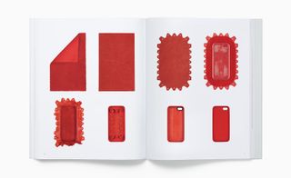 View of two pages inside the 'Designed by Apple in California' book showing the process of making a red leather case for the 2013 iPhone 5s