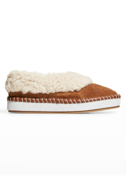 Tory Burch Suede Shearling Logo Loafer Slippers