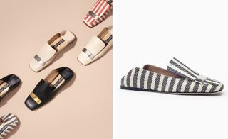 Two images, Left- two rows of part-moccasin, part-slipper flats shoes, Right- A single part-moccasin part-slipper flats geometric stripe shoe