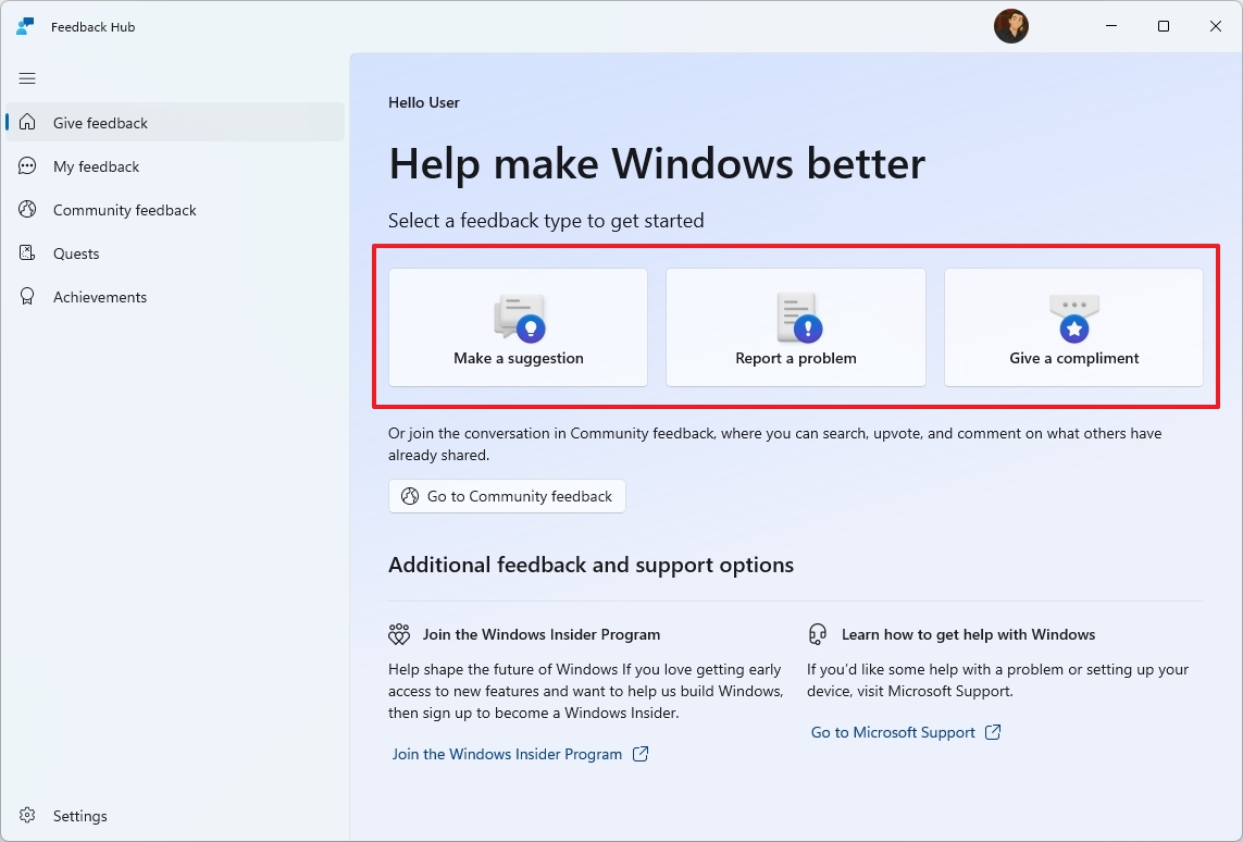 Feedback Hub report types